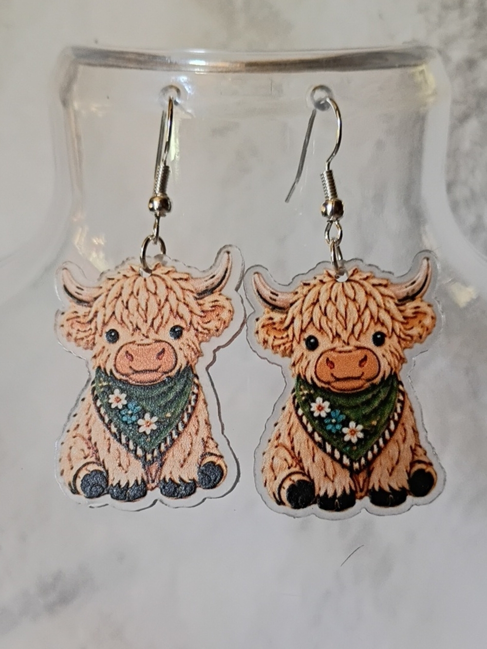 Highland Cow Earrings in Cream with Green Bandana